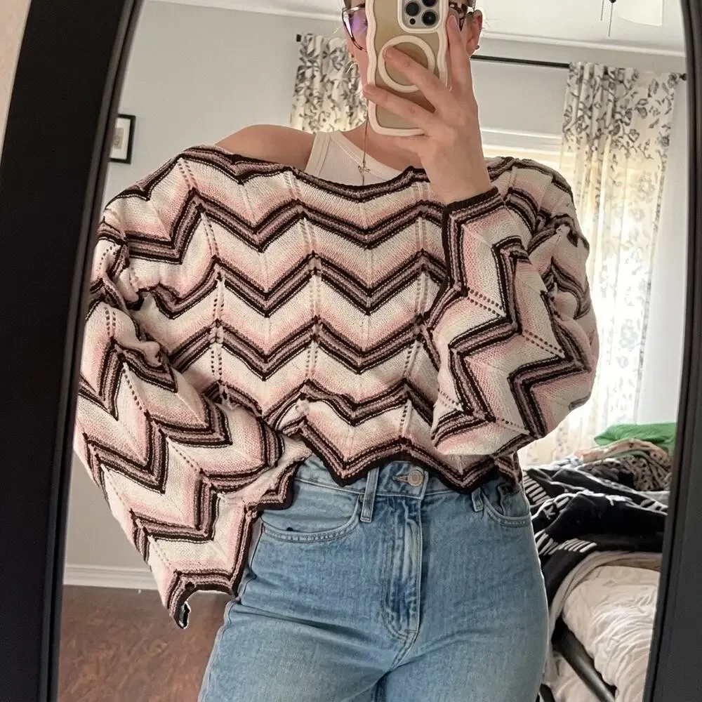 Audrey Parks | Women | Chevron Cropped Pointelle Crochet Knit Sweater | large